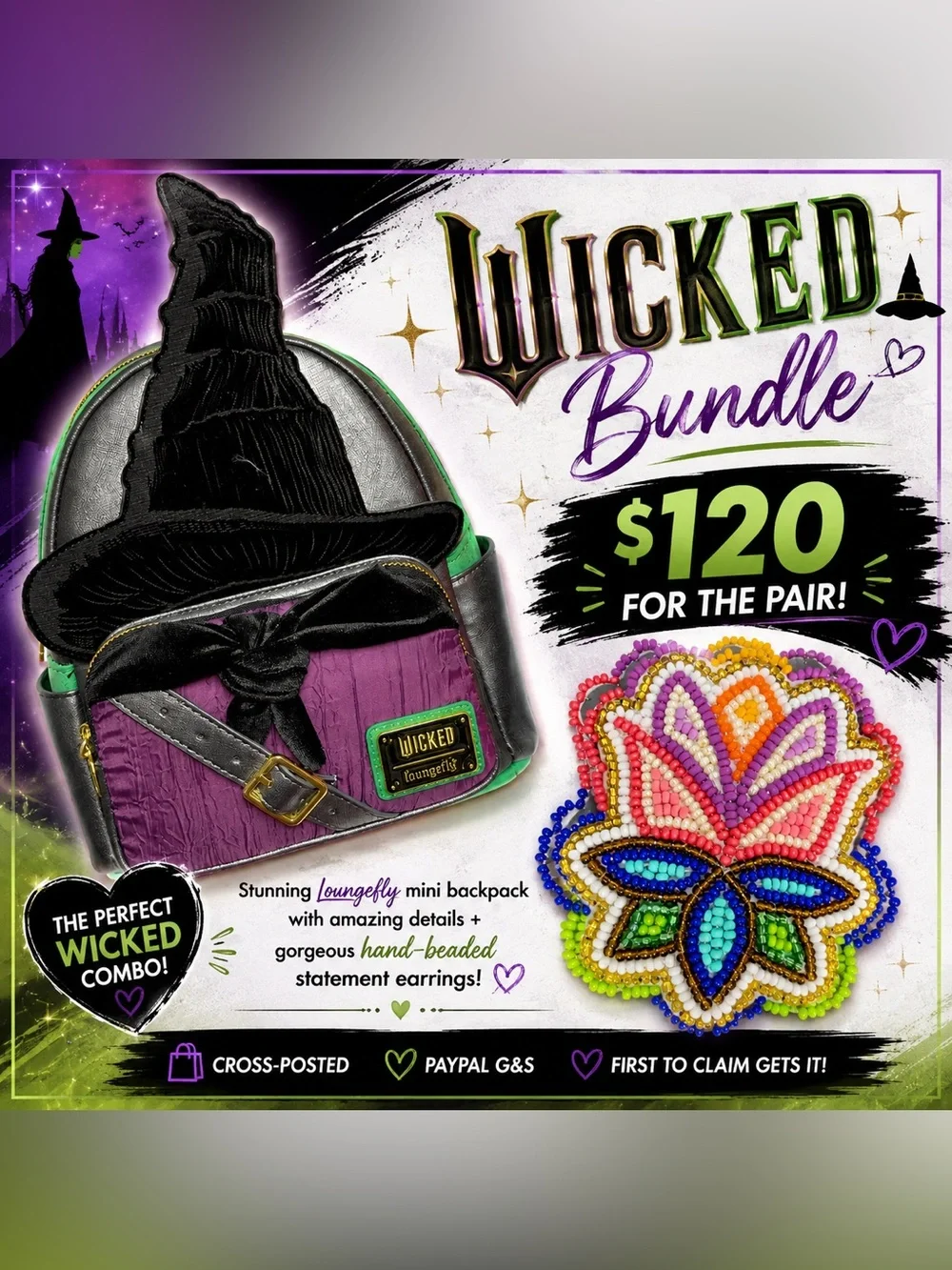 Loungefly Purple, Black & Green Wicked Mini Backpack + Beaded Floral Earrings